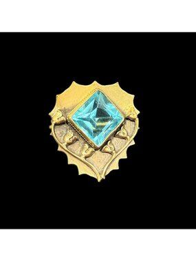 Art Nouveau Floral Brass Square Cut Aqua Crystal Brooch C Clasp Pin